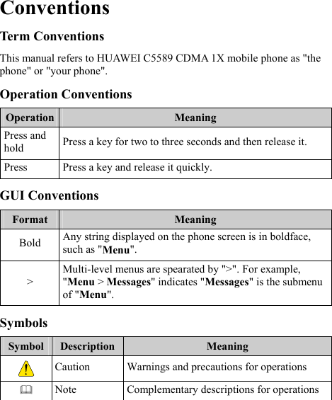 Conventions Term Conventions This manual refers to HUAWEI C5589 CDMA 1X mobile phone as &quot;the phone&quot; or &quot;your phone&quot;. Operation Conventions Operation  Meaning Press and hold  Press a key for two to three seconds and then release it. Press  Press a key and release it quickly. GUI Conventions Format  Meaning Bold  Any string displayed on the phone screen is in boldface, such as &quot;Menu&quot;. &gt; Multi-level menus are spearated by &quot;&gt;&quot;. For example, &quot;Menu &gt; Messages&quot; indicates &quot;Messages&quot; is the submenu of &quot;Menu&quot;. Symbols Symbol  Description  Meaning  Caution  Warnings and precautions for operations  Note  Complementary descriptions for operations  