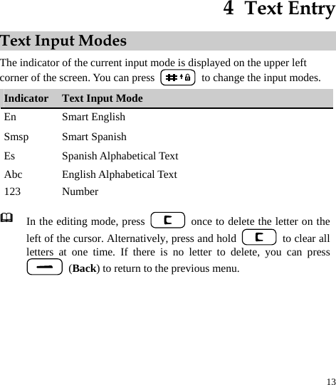  13 4  Text Entry Text Input Modes The indicator of the current input mode is displayed on the upper left corner of the screen. You can press    to change the input modes. Indicator  Text Input Mode En Smart English Smsp Smart Spanish Es Spanish Alphabetical Text Abc English Alphabetical Text 123 Number   In the editing mode, press    once to delete the letter on the left of the cursor. Alternatively, press and hold   to clear all letters at one time. If there is no letter to delete, you can press  (Back) to return to the previous menu.   