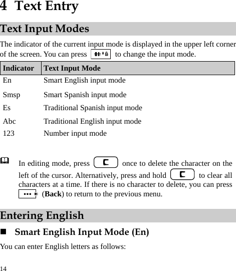  14 4  Text Entry Text Input Modes The indicator of the current input mode is displayed in the upper left corner of the screen. You can press    to change the input mode. Indicator  Text Input Mode En  Smart English input mode Smsp  Smart Spanish input mode Es  Traditional Spanish input mode Abc  Traditional English input mode 123  Number input mode   In editing mode, press    once to delete the character on the left of the cursor. Alternatively, press and hold   to clear all characters at a time. If there is no character to delete, you can press  (Back) to return to the previous menu. Entering English  Smart English Input Mode (En) You can enter English letters as follows: 