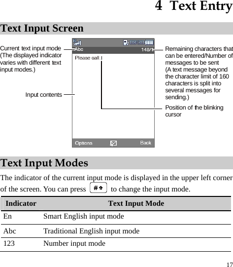  17 4  Text Entry Text Input Screen Current text input mode(The displayed indicatorvaries with different textinput modes.)Input contentsRemaining characters thatcan be entered/Number ofmessages to be sent(A text message beyondthecharacterlimitof160characters is split intoseveral messages forsending.)Position of the blinkingcursor Text Input Modes The indicator of the current input mode is displayed in the upper left corner of the screen. You can press    to change the input mode. Indicator  Text Input Mode En  Smart English input mode Abc  Traditional English input mode 123  Number input mode  