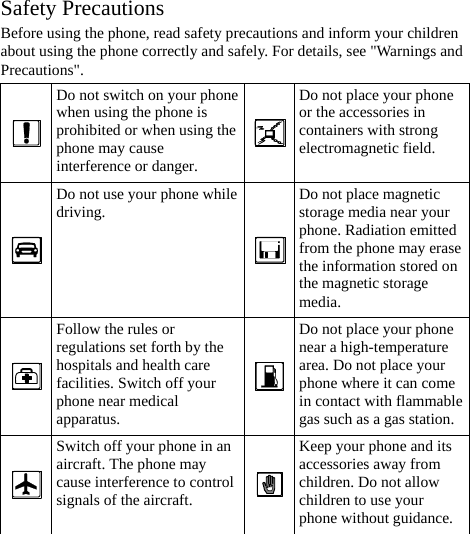 Safety Precautions Before using the phone, read safety precautions and inform your children about using the phone correctly and safely. For details, see &quot;Warnings and Precautions&quot;.  Do not switch on your phone when using the phone is prohibited or when using the phone may cause interference or danger. Do not place your phone or the accessories in containers with strong electromagnetic field.  Do not use your phone while driving.  Do not place magnetic storage media near your phone. Radiation emitted from the phone may erase the information stored on the magnetic storage media.  Follow the rules or regulations set forth by the hospitals and health care facilities. Switch off your phone near medical apparatus. Do not place your phone near a high-temperature area. Do not place your phone where it can come in contact with flammable gas such as a gas station. Switch off your phone in an aircraft. The phone may cause interference to control signals of the aircraft. Keep your phone and its accessories away from children. Do not allow children to use your phone without guidance. 