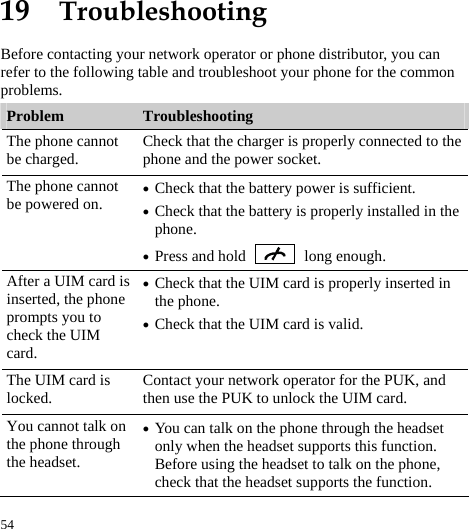  54 19  Troubleshooting Before contacting your network operator or phone distributor, you can refer to the following table and troubleshoot your phone for the common problems.  Problem  Troubleshooting The phone cannot be charged.  Check that the charger is properly connected to the phone and the power socket. The phone cannot be powered on. z Check that the battery power is sufficient.   z Check that the battery is properly installed in the phone. z Press and hold   long enough.  After a UIM card is inserted, the phone prompts you to check the UIM card.  z Check that the UIM card is properly inserted in the phone. z Check that the UIM card is valid.   The UIM card is locked.  Contact your network operator for the PUK, and then use the PUK to unlock the UIM card. You cannot talk on the phone through the headset.   z You can talk on the phone through the headset only when the headset supports this function. Before using the headset to talk on the phone, check that the headset supports the function.   