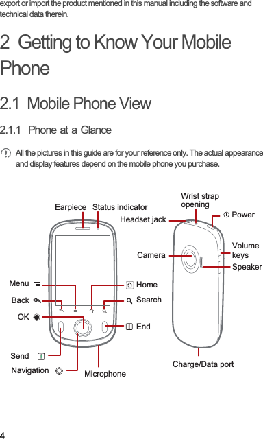 4export or import the product mentioned in this manual including the software and technical data therein.2  Getting to Know Your Mobile Phone2.1  Mobile Phone View2.1.1  Phone at a GlanceAll the pictures in this guide are for your reference only. The actual appearance and display features depend on the mobile phone you purchase.EarpieceHomeSearchMenuBackEndMicrophoneOKNavigationSendHeadset jackCameraSpeakerVolumekeysPowerWrist strapopeningCharge/Data portStatus indicator