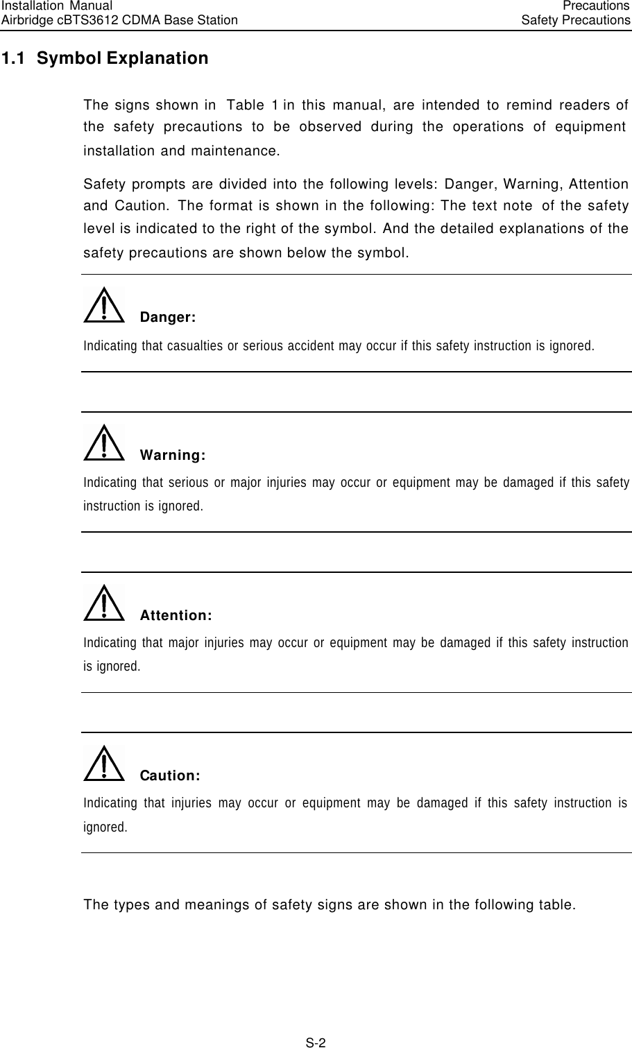 Installation Manual   Airbridge cBTS3612 CDMA Base Station   PrecautionsSafety Precautions　S-2 1.1  Symbol Explanation The signs shown in  Table 1 in this manual, are intended to remind readers of the safety precautions to be observed during the operations of equipment installation and maintenance. Safety prompts are divided into the following levels: Danger, Warning, Attention and Caution. The format is shown in the following: The text note  of the safety level is indicated to the right of the symbol. And the detailed explanations of the safety precautions are shown below the symbol.   Danger: Indicating that casualties or serious accident may occur if this safety instruction is ignored.    Warning: Indicating that serious or major injuries may occur or equipment may be damaged if this safety instruction is ignored.    Attention: Indicating that major injuries may occur or equipment may be damaged if this safety instruction is ignored.    Caution: Indicating that injuries may occur or equipment may be damaged if this safety instruction is ignored.  The types and meanings of safety signs are shown in the following table. 