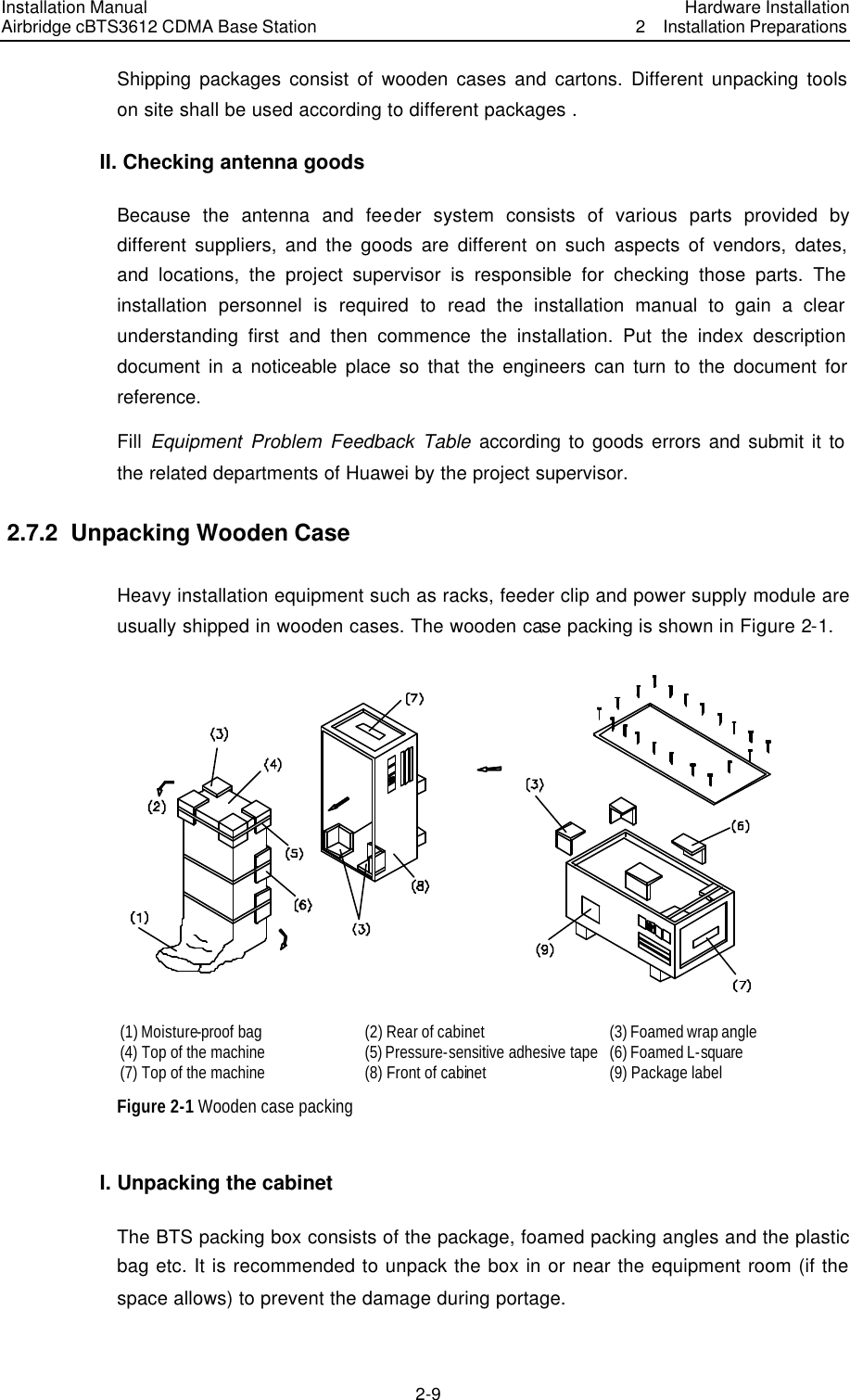 Installation Manual Airbridge cBTS3612 CDMA Base Station Hardware Installation2  Installation Preparations　2-9　Shipping packages consist of wooden cases and cartons. Different unpacking tools on site shall be used according to different packages . II. Checking antenna goods Because the antenna and feeder system consists of various parts provided by different suppliers, and the goods are different on such aspects of vendors, dates, and locations, the project supervisor is responsible for checking those parts. The installation personnel is required to read the installation manual to gain a clear understanding first and then commence the installation. Put the index description document in a noticeable place so that the engineers can turn to the document for reference. Fill Equipment Problem Feedback Table according to goods errors and submit it to the related departments of Huawei by the project supervisor. 2.7.2  Unpacking Wooden Case Heavy installation equipment such as racks, feeder clip and power supply module are usually shipped in wooden cases. The wooden case packing is shown in Figure 2-1.  (1) Moisture-proof bag   (2) Rear of cabinet (3) Foamed wrap angle (4) Top of the machine   (5) Pressure-sensitive adhesive tape (6) Foamed L-square (7) Top of the machine   (8) Front of cabinet (9) Package label Figure 2-1 Wooden case packing I. Unpacking the cabinet The BTS packing box consists of the package, foamed packing angles and the plastic bag etc. It is recommended to unpack the box in or near the equipment room (if the space allows) to prevent the damage during portage. 