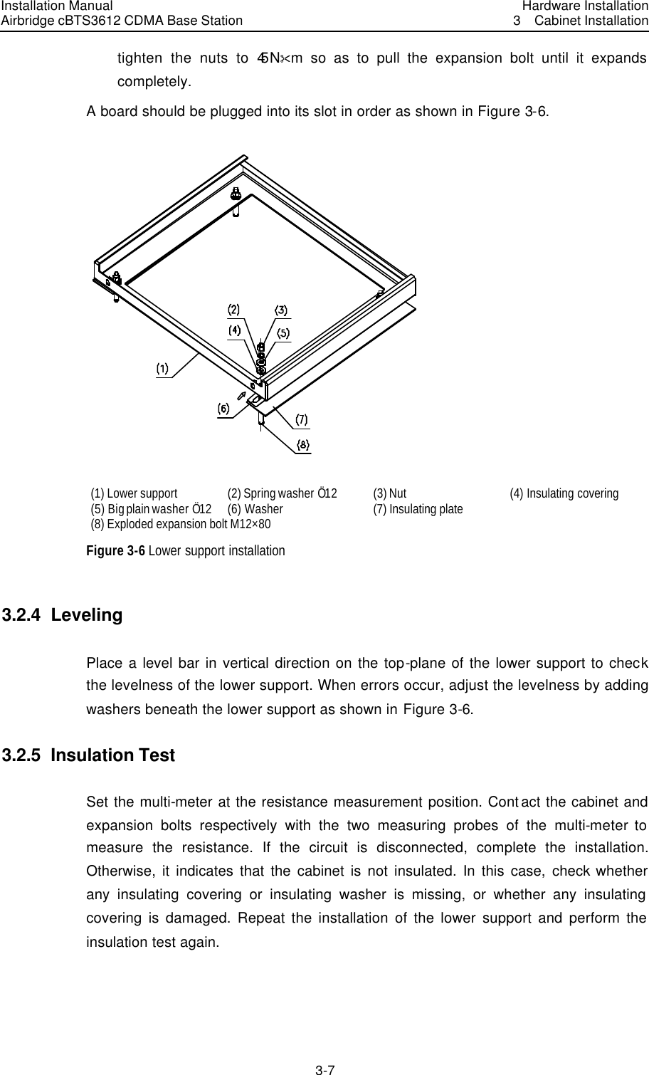 Installation Manual Airbridge cBTS3612 CDMA Base Station Hardware Installation3  Cabinet Installation 3-7　tighten the nuts to 45N&amp;m so as to pull the expansion bolt until it expands completely. A board should be plugged into its slot in order as shown in Figure 3-6.  (1) Lower support (2) Spring washer Ö12 (3) Nut   (4) Insulating covering (5) Big plain washer Ö12 (6) Washer (7) Insulating plate   (8) Exploded expansion bolt M12×80     Figure 3-6 Lower support installation 3.2.4  Leveling Place a level bar in vertical direction on the top-plane of the lower support to check the levelness of the lower support. When errors occur, adjust the levelness by adding washers beneath the lower support as shown in Figure 3-6.   3.2.5  Insulation Test Set the multi-meter at the resistance measurement position. Contact the cabinet and expansion bolts respectively with the two measuring probes of the multi-meter to measure the resistance. If the circuit is disconnected, complete the installation. Otherwise, it indicates that the cabinet is not insulated. In this case, check whether any insulating covering or insulating washer is missing, or whether any insulating covering is damaged. Repeat the installation of the lower support and perform the insulation test again. 