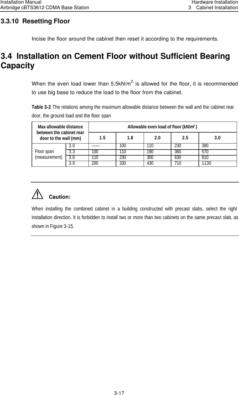 Installation Manual Airbridge cBTS3612 CDMA Base Station Hardware Installation3  Cabinet Installation 3-17　3.3.10  Resetting Floor Incise the floor around the cabinet then reset it according to the requirements.   3.4  Installation on Cement Floor without Sufficient Bearing Capacity When the even load lower than 5.5kN/m2, is allowed for the floor, it is recommended to use big base to reduce the load to the floor from the cabinet. Table 3-2 The relations among the maximum allowable distance between the wall and the cabinet rear door, the ground load and the floor span Allowable even load of floor (kN/m2 ) Max allowable distance between the cabinet rear door to the wall (mm) 1.5 1.8 2.0 2.5 3.0 3.0 —— 100 110 230 380 3.3 100 110 190 360 570 3.6 110 230 300 630 810 Floor span (measurement) 3.9 200 330 430 710 1130    Caution: When installing the combined cabinet in a building constructed with precast slabs, select the right installation direction. It is forbidden to install two or more than two cabinets on the same precast slab, as shown in Figure 3-15.   
