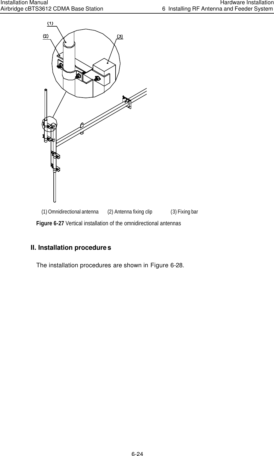 Installation Manual Airbridge cBTS3612 CDMA Base Station Hardware Installation6  Installing RF Antenna and Feeder System 6-24  (1) Omnidirectional antenna (2) Antenna fixing clip (3) Fixing bar Figure 6-27 Vertical installation of the omnidirectional antennas II. Installation procedures The installation procedures are shown in Figure 6-28. 