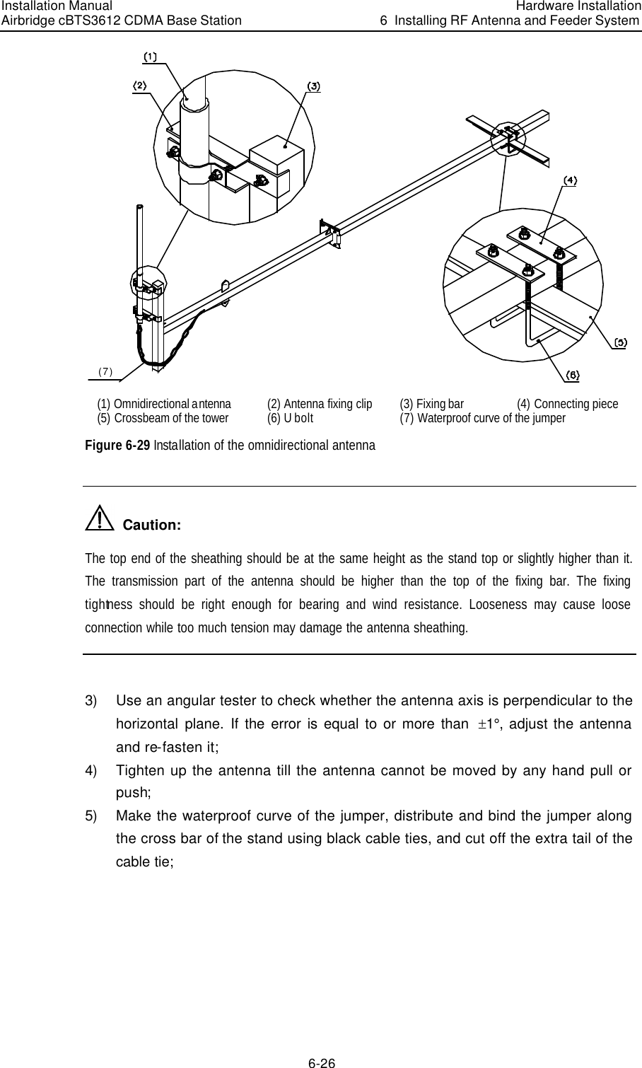 Installation Manual Airbridge cBTS3612 CDMA Base Station Hardware Installation6  Installing RF Antenna and Feeder System 6-26 (7)  (1) Omnidirectional antenna (2) Antenna fixing clip (3) Fixing bar (4) Connecting piece (5) Crossbeam of the tower (6) U bolt (7) Waterproof curve of the jumper Figure 6-29 Installation of the omnidirectional antenna   Caution: The top end of the sheathing should be at the same height as the stand top or slightly higher than it. The transmission part of the antenna should be higher than the top of the fixing bar. The fixing tightness should be right enough for bearing and wind resistance. Looseness may cause loose connection while too much tension may damage the antenna sheathing.  3) Use an angular tester to check whether the antenna axis is perpendicular to the horizontal plane. If the error is equal to or more than  !1°, adjust the antenna and re-fasten it;  4) Tighten up the antenna till the antenna cannot be moved by any hand pull or push;  5) Make the waterproof curve of the jumper, distribute and bind the jumper along the cross bar of the stand using black cable ties, and cut off the extra tail of the cable tie; 