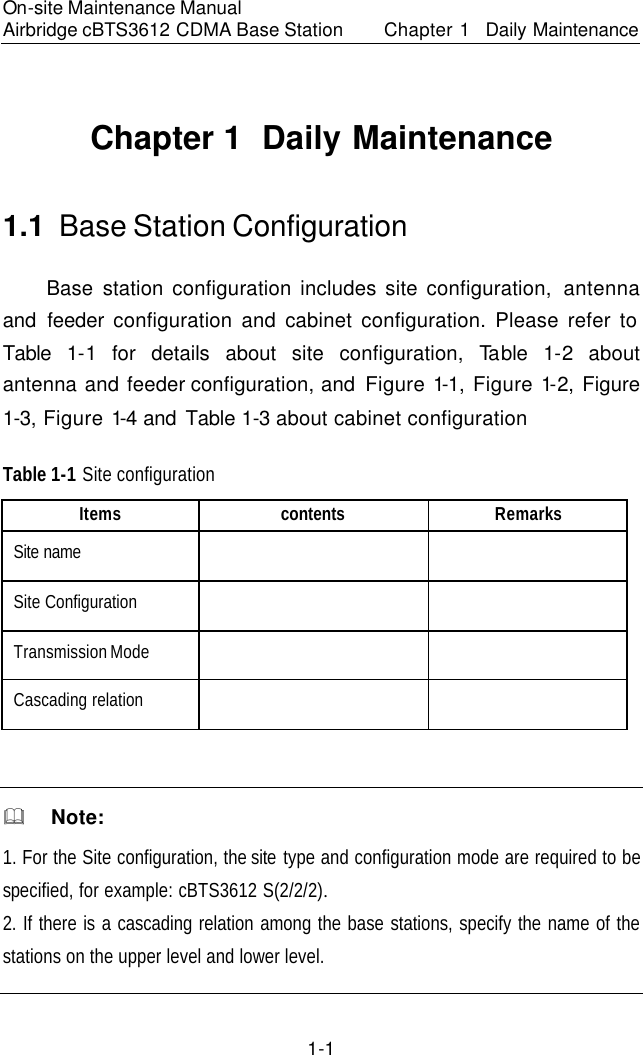 On-site Maintenance Manual Airbridge cBTS3612 CDMA Base Station Chapter 1  Daily Maintenance　1-1 Chapter 1  Daily Maintenance　1.1  Base Station Configuration　Base station configuration includes site configuration, antenna and feeder configuration and cabinet configuration. Please refer to Table 1-1 for details about site configuration, Ta ble 1-2 about antenna and feeder configuration, and Figure 1-1, Figure 1-2, Figure 1-3, Figure 1-4 and Table 1-3 about cabinet configuration　Table 1-1 Site configuration　Items　contents　Remarks　Site name 　　　　Site Configuration　　　　Transmission Mode　　　　Cascading relation　　　　 &amp;  Note: 1. For the Site configuration, the site type and configuration mode are required to be specified, for example: cBTS3612 S(2/2/2).　2. If there is a cascading relation among the base stations, specify the name of the stations on the upper level and lower level.　 