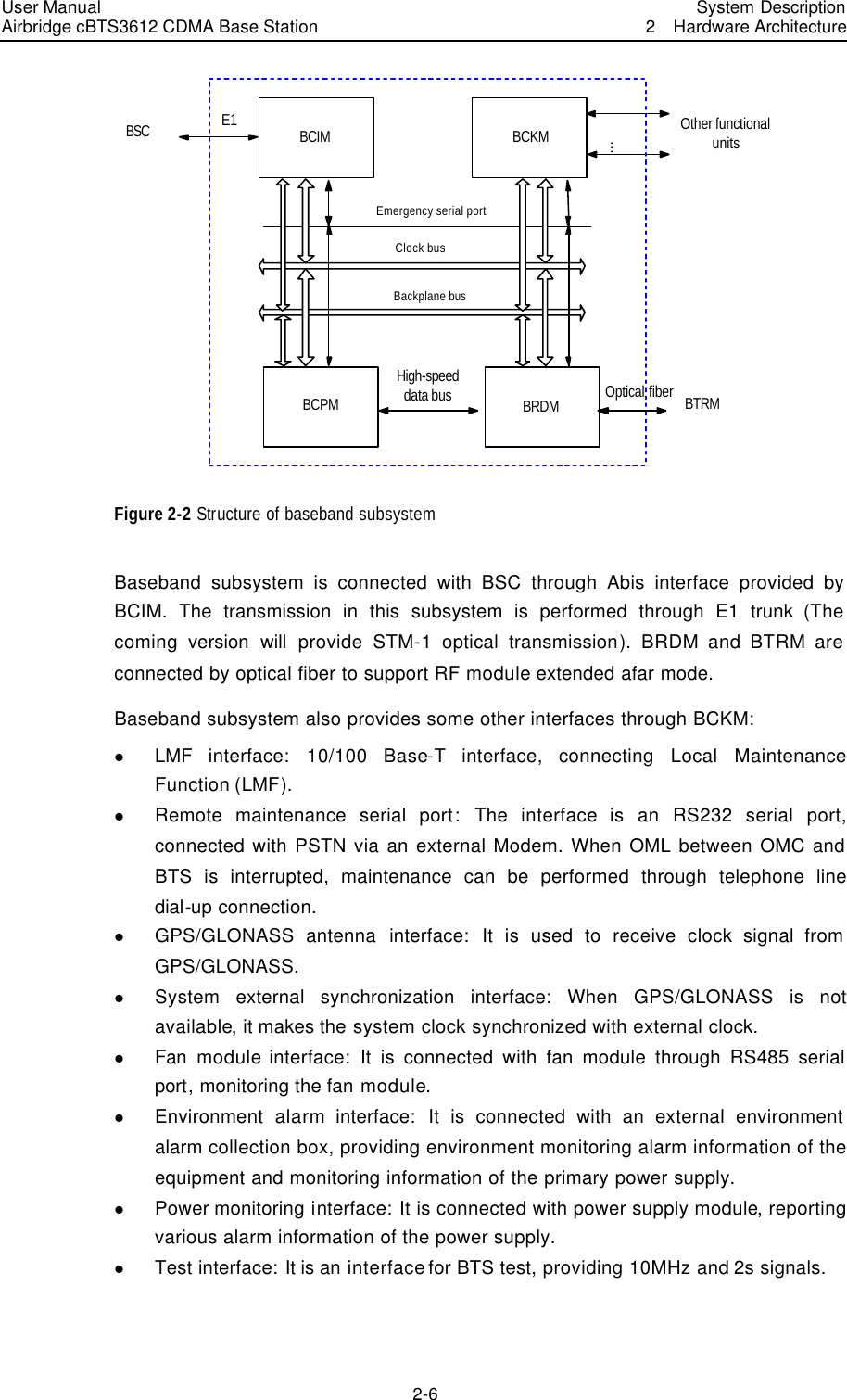 User Manual Airbridge cBTS3612 CDMA Base Station   System Description2  Hardware Architecture 2-6 High-speeddata busBCIMBSCBRDMBCKMBCPM BTRMOther functionalunits   E1Optical fiberClock bus Backplane busEmergency serial port... Figure 2-2 Structure of baseband subsystem Baseband  subsystem is connected with BSC through Abis interface provided by BCIM. The transmission in this subsystem is performed through E1 trunk (The coming version will provide STM-1 optical transmission).  BRDM and BTRM are connected by optical fiber to support RF module extended afar mode. Baseband subsystem also provides some other interfaces through BCKM: l LMF  interface:  10/100 Base-T  interface,  connecting Local Maintenance Function (LMF).   l Remote maintenance serial port:  The  interface is an RS232 serial port, connected with PSTN via an external Modem. When OML between OMC and BTS is interrupted, maintenance can be performed through telephone line dial-up connection. l GPS/GLONASS antenna interface:  It is used to receive clock signal from GPS/GLONASS.   l System external synchronization interface:  When GPS/GLONASS is not available, it makes the system clock synchronized with external clock. l Fan  module interface:  It is connected with fan module through RS485 serial port, monitoring the fan module. l Environment  alarm interface:  It is connected with an external environment alarm collection box, providing environment monitoring alarm information of the equipment and monitoring information of the primary power supply. l Power monitoring interface: It is connected with power supply module, reporting various alarm information of the power supply. l Test interface: It is an interface for BTS test, providing 10MHz and 2s signals.   
