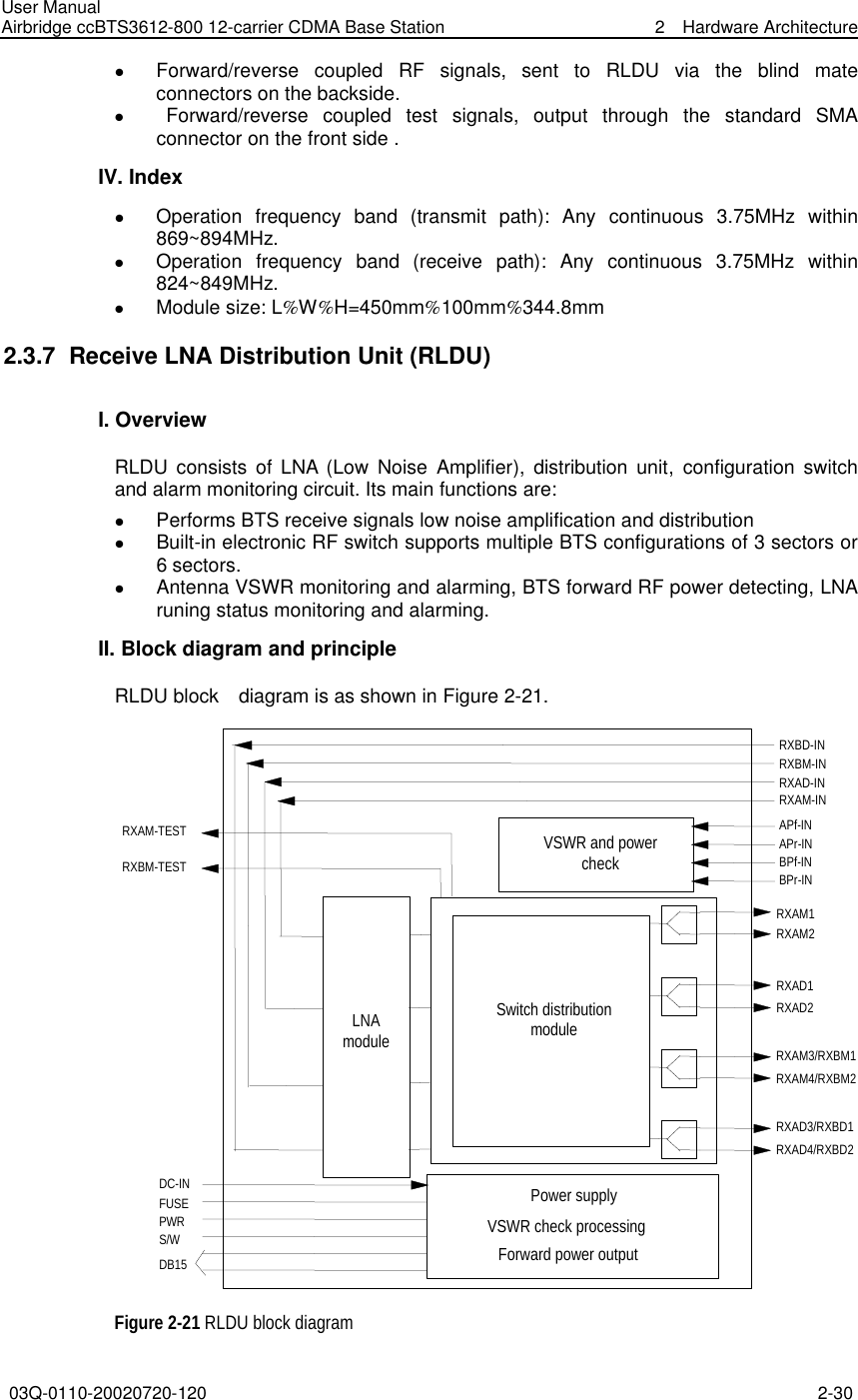 User Manual Airbridge ccBTS3612-800 12-carrier CDMA Base Station  2  Hardware Architecture 03Q-0110-20020720-120 2-30  l Forward/reverse coupled RF signals,  sent to RLDU via the blind mate connectors on the backside. l  Forward/reverse coupled test signals,  output through the standard SMA connector on the front side . IV. Index l Operation frequency band (transmit path):  Any continuous 3.75MHz within 869~894MHz. l Operation frequency band (receive path):  Any continuous 3.75MHz within 824~849MHz. l Module size: L%W%H=450mm%100mm%344.8mm 2.3.7  Receive LNA Distribution Unit (RLDU) I. Overview RLDU consists of LNA (Low Noise Amplifier),  distribution unit,  configuration switch and alarm monitoring circuit. Its main functions are: l Performs BTS receive signals low noise amplification and distribution l Built-in electronic RF switch supports multiple BTS configurations of 3 sectors or 6 sectors. l Antenna VSWR monitoring and alarming, BTS forward RF power detecting, LNA runing status monitoring and alarming.   II. Block diagram and principle RLDU block  diagram is as shown in Figure 2-21.   VSWR check processingVSWR and powercheckLNAmoduleSwitch distributionmoduleDC-INFUSEPWRS/WDB15RXAM-TESTRXBM-TESTRXBD-INRXBM-INRXAD-INRXAM-INAPf-INAPr-INBPf-INBPr-INRXAM1RXAM2RXAD1RXAD2RXAM3/RXBM1RXAM4/RXBM2RXAD3/RXBD1RXAD4/RXBD2Power supplyForward power output Figure 2-21 RLDU block diagram 