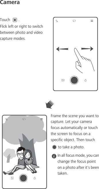 CameraTouch  . Flick left or right to switch between photo and video capture modes.Frame the scene you want to capture. Let your camera focus automatically or touch the screen to focus on a specific object. Then touch to take a photo.  In all focus mode, you can change the focus point on a photo after it&apos;s been taken. 