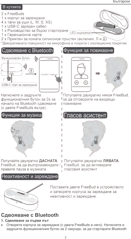 Български  Сдвояване с Bluetooth 1. Сдвояване за първи път • Отворете корпуса за зареждане (с двата FreeBuds в него). Натиснете и задръжте функционалния бутон за 2 секунди, за да стартирате Bluetooth 7 