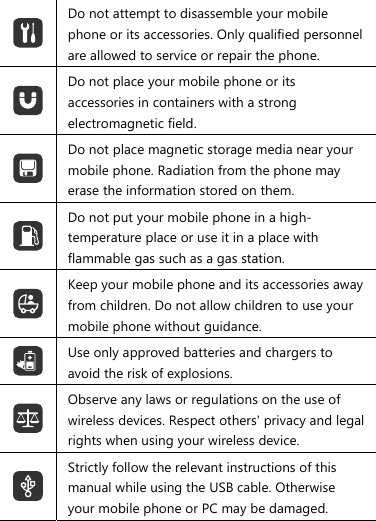  Do not attempt to disassemble your mobile phone or its accessories. Only qualified personnel are allowed to service or repair the phone.  Do not place your mobile phone or its accessories in containers with a strong electromagnetic field.  Do not place magnetic storage media near your mobile phone. Radiation from the phone may erase the information stored on them.  Do not put your mobile phone in a high-temperature place or use it in a place with flammable gas such as a gas station.  Keep your mobile phone and its accessories away from children. Do not allow children to use your mobile phone without guidance.  Use only approved batteries and chargers to avoid the risk of explosions.  Observe any laws or regulations on the use of wireless devices. Respect others&apos; privacy and legal rights when using your wireless device.  Strictly follow the relevant instructions of this manual while using the USB cable. Otherwise your mobile phone or PC may be damaged.   
