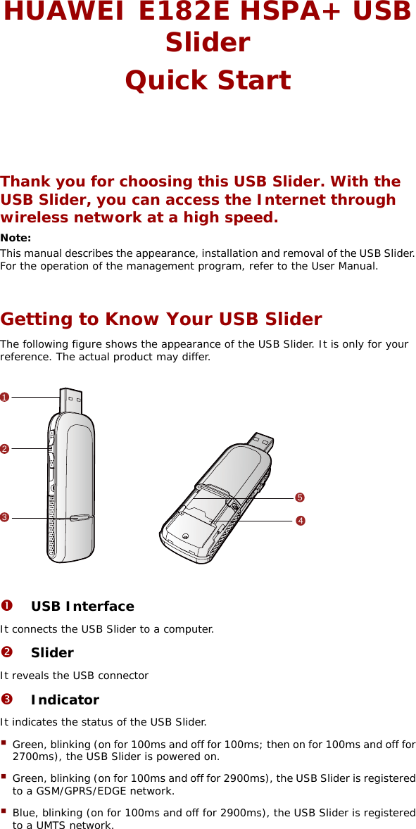   HUAWEI E182E HSPA+ USB Slider Quick Start    Thank you for choosing this USB Slider. With the USB Slider, you can access the Internet through wireless network at a high speed. Note:  This manual describes the appearance, installation and removal of the USB Slider. For the operation of the management program, refer to the User Manual.  Getting to Know Your USB Slider The following figure shows the appearance of the USB Slider. It is only for your reference. The actual product may differ.  15234  n USB Interface It connects the USB Slider to a computer. o Slider It reveals the USB connector p Indicator It indicates the status of the USB Slider.  Green, blinking (on for 100ms and off for 100ms; then on for 100ms and off for 2700ms), the USB Slider is powered on.  Green, blinking (on for 100ms and off for 2900ms), the USB Slider is registered to a GSM/GPRS/EDGE network.  Blue, blinking (on for 100ms and off for 2900ms), the USB Slider is registered to a UMTS network. 