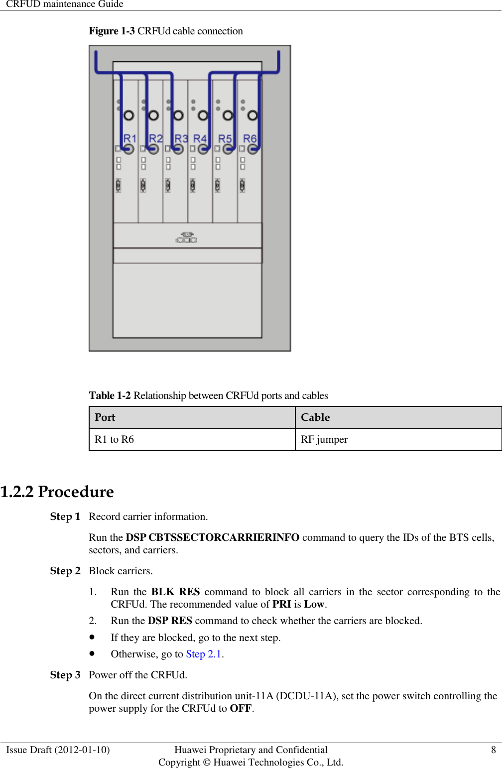 CRFUD maintenance Guide   Issue Draft (2012-01-10) Huawei Proprietary and Confidential                                     Copyright © Huawei Technologies Co., Ltd. 8  Figure 1-3 CRFUd cable connection   Table 1-2 Relationship between CRFUd ports and cables Port Cable R1 to R6 RF jumper  1.2.2 Procedure Step 1 Record carrier information. Run the DSP CBTSSECTORCARRIERINFO command to query the IDs of the BTS cells, sectors, and carriers. Step 2 Block carriers. 1. Run  the  BLK RES  command to  block  all carriers in  the  sector corresponding  to  the CRFUd. The recommended value of PRI is Low.   2. Run the DSP RES command to check whether the carriers are blocked.  If they are blocked, go to the next step.  Otherwise, go to Step 2.1.   Step 3 Power off the CRFUd. On the direct current distribution unit-11A (DCDU-11A), set the power switch controlling the power supply for the CRFUd to OFF. 