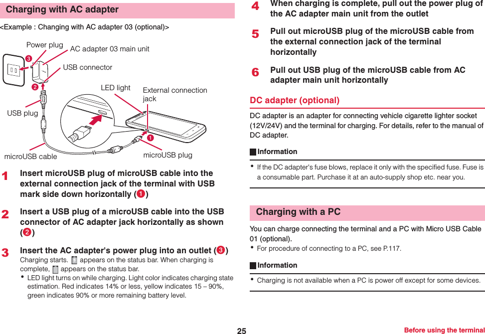 25 Before using the terminal&lt;Example : Changing with AC adapter 03 (optional)&gt;1Insert microUSB plug of microUSB cable into the external connection jack of the terminal with USB mark side down horizontally (a)2Insert a USB plug of a microUSB cable into the USB connector of AC adapter jack horizontally as shown (b)3Insert the AC adapter&apos;s power plug into an outlet (c)Charging starts.   appears on the status bar. When charging is complete,   appears on the status bar.･LED light turns on while charging. Light color indicates charging state estimation. Red indicates 14% or less, yellow indicates 15 – 90%, green indicates 90% or more remaining battery level.4When charging is complete, pull out the power plug of the AC adapter main unit from the outlet5Pull out microUSB plug of the microUSB cable from the external connection jack of the terminal horizontally6Pull out USB plug of the microUSB cable from AC adapter main unit horizontallyDC adapter is an adapter for connecting vehicle cigarette lighter socket (12V/24V) and the terminal for charging. For details, refer to the manual of DC adapter.Information･If the DC adapter&apos;s fuse blows, replace it only with the specified fuse. Fuse is a consumable part. Purchase it at an auto-supply shop etc. near you.You can charge connecting the terminal and a PC with Micro USB Cable 01 (optional).･For procedure of connecting to a PC, see P.117.Information･Charging is not available when a PC is power off except for some devices.Charging with AC adaptercbaUSB plugExternal connection jackPower plugUSB connectorLED lightAC adapter 03 main unitmicroUSB cable microUSB plugDC adapter (optional)Charging with a PC