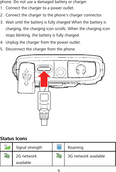 9 phone. Do not use a damaged battery or charger. 1. Connect the charger to a power outlet. 2. Connect the charger to the phone&apos;s charger connector. 3. Wait until the battery is fully charged When the battery is charging, the charging icon scrolls. When the charging icon stops blinking, the battery is fully charged. 4. Unplug the charger from the power outlet. 5. Disconnect the charger from the phone.   Status Icons  Signal strength  Roaming  2G network available  3G network available 
