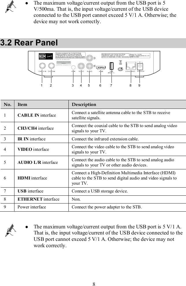 8   The maximum voltage/current output from the USB port is 5 V/500ma. That is, the input voltage/current of the USB device connected to the USB port cannot exceed 5 V/1 A. Otherwise; the device may not work correctly.  3.2 Rear Panel   No. Item Description 1  CABLE IN interface Connect a satellite antenna cable to the STB to receive satellite signals. 2  CH3/CH4 interface Connect the coaxial cable to the STB to send analog video signals to your TV. 3  IR IN interface Connect the infrared extension cable. 4  VIDEO interface Connect the video cable to the STB to send analog video signals to your TV. 5  AUDIO L/R interface Connect the audio cable to the STB to send analog audio signals to your TV or other audio devices. 6  HDMI interface Connect a High-Definition Multimedia Interface (HDMI) cable to the STB to send digital audio and video signals to your TV. 7  USB interface Connect a USB storage device. 8  ETHERNET interface  Non. 9  Power interface Connect the power adapter to the STB.    The maximum voltage/current output from the USB port is 5 V/1 A. That is, the input voltage/current of the USB device connected to the USB port cannot exceed 5 V/1 A. Otherwise; the device may not work correctly.  1AF C C I D : Q I S D C 3 5 1C O F E T E L : X X X X X - Y Y YC o n s u m o d e e n e r g ia1 0 0 W h12 3 4 5 6 7 8 9