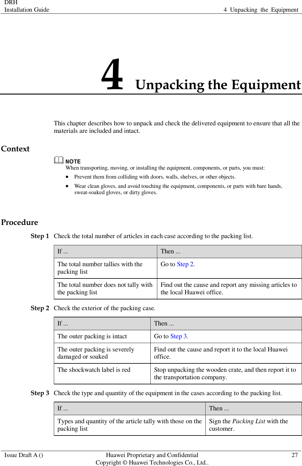DRH   Installation Guide 4  Unpacking  the  Equipment  Issue Draft A () Huawei Proprietary and Confidential                                     Copyright © Huawei Technologies Co., Ltd.. 27  4 Unpacking the Equipment This chapter describes how to unpack and check the delivered equipment to ensure that all the materials are included and intact. Context  When transporting, moving, or installing the equipment, components, or parts, you must:  Prevent them from colliding with doors, walls, shelves, or other objects.  Wear clean gloves, and avoid touching the equipment, components, or parts with bare hands, sweat-soaked gloves, or dirty gloves.  Procedure Step 1 Check the total number of articles in each case according to the packing list. If ... Then ... The total number tallies with the packing list Go to Step 2. The total number does not tally with the packing list Find out the cause and report any missing articles to the local Huawei office. Step 2 Check the exterior of the packing case. If ... Then ... The outer packing is intact Go to Step 3. The outer packing is severely damaged or soaked Find out the cause and report it to the local Huawei office. The shockwatch label is red Stop unpacking the wooden crate, and then report it to the transportation company. Step 3 Check the type and quantity of the equipment in the cases according to the packing list. If ... Then ... Types and quantity of the article tally with those on the packing list Sign the Packing List with the customer. 