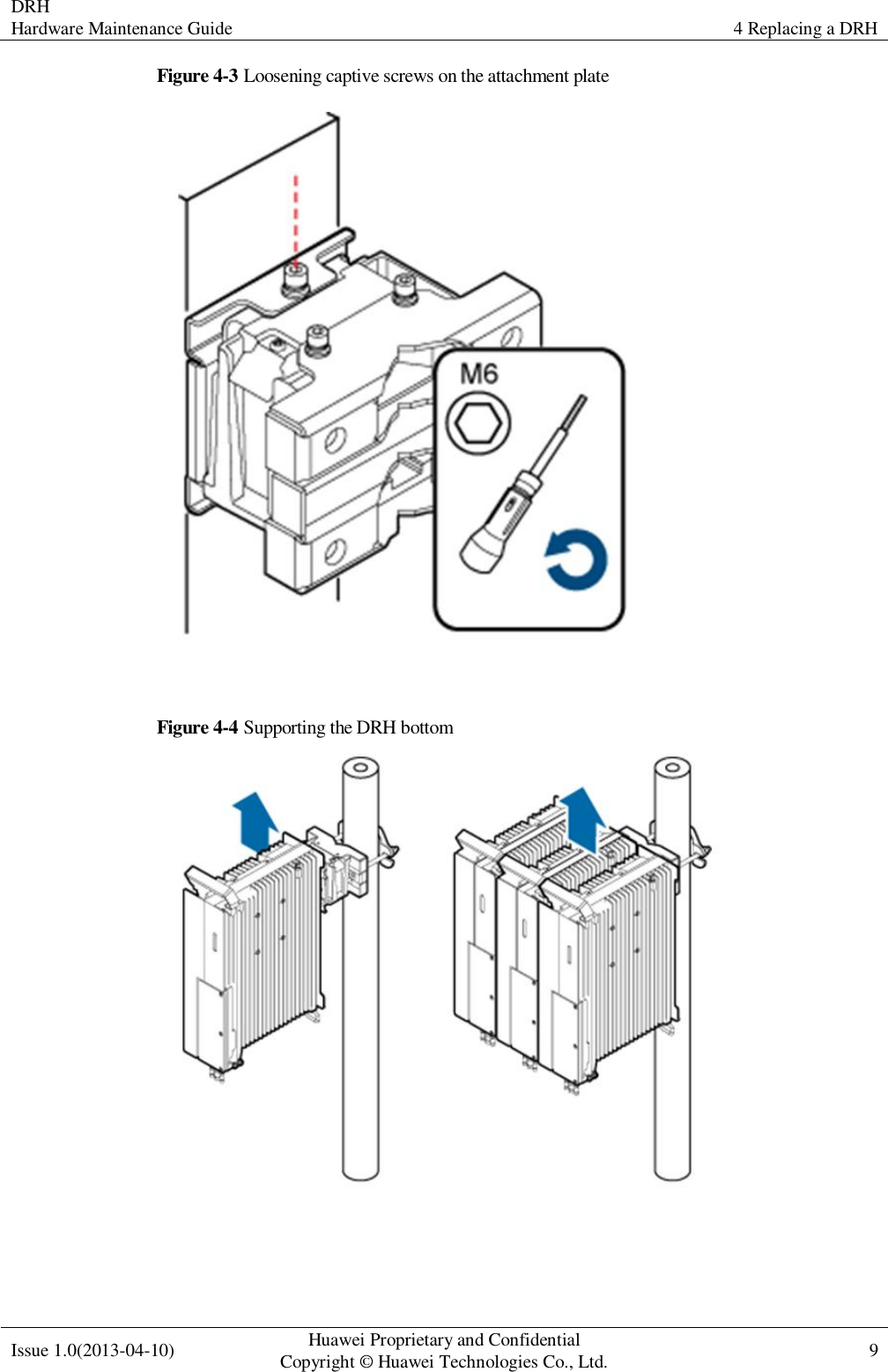 DRH Hardware Maintenance Guide 4 Replacing a DRH  Issue 1.0(2013-04-10) Huawei Proprietary and Confidential                                     Copyright © Huawei Technologies Co., Ltd. 9    Figure 4-3 Loosening captive screws on the attachment plate   Figure 4-4 Supporting the DRH bottom     