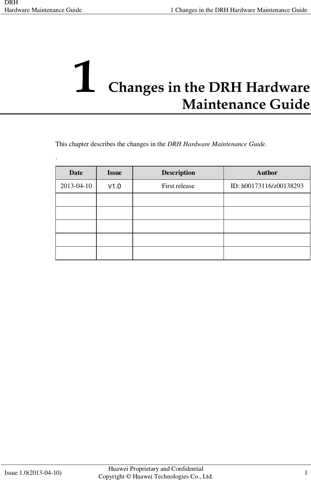  DRH Hardware Maintenance Guide   1 Changes in the DRH Hardware Maintenance Guide  Issue 1.0(2013-04-10) Huawei Proprietary and Confidential                                     Copyright © Huawei Technologies Co., Ltd. 1    1 Changes in the DRH Hardware Maintenance Guide This chapter describes the changes in the DRH Hardware Maintenance Guide. . Date Issue Description Author 2013-04-10 V1.0 First release ID: h00173116/z00138293                                