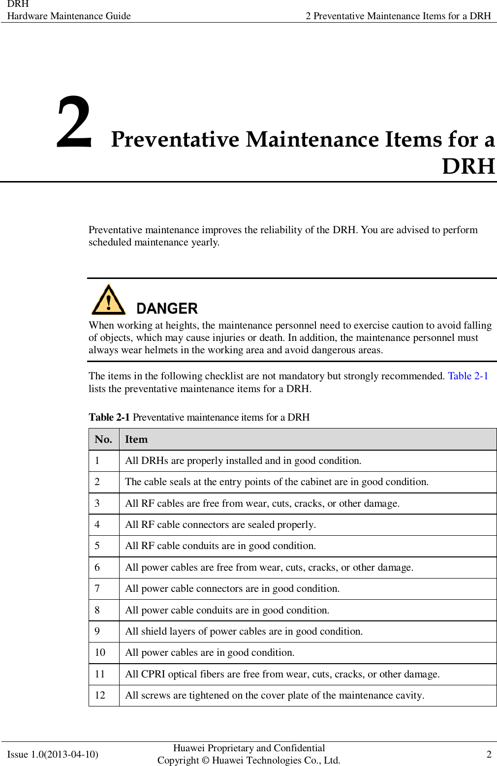  DRH Hardware Maintenance Guide   2 Preventative Maintenance Items for a DRH  Issue 1.0(2013-04-10) Huawei Proprietary and Confidential                                     Copyright © Huawei Technologies Co., Ltd. 2    2 Preventative Maintenance Items for a DRH Preventative maintenance improves the reliability of the DRH. You are advised to perform scheduled maintenance yearly.   When working at heights, the maintenance personnel need to exercise caution to avoid falling of objects, which may cause injuries or death. In addition, the maintenance personnel must always wear helmets in the working area and avoid dangerous areas. The items in the following checklist are not mandatory but strongly recommended. Table 2-1 lists the preventative maintenance items for a DRH. Table 2-1 Preventative maintenance items for a DRH No. Item 1 All DRHs are properly installed and in good condition. 2 The cable seals at the entry points of the cabinet are in good condition. 3 All RF cables are free from wear, cuts, cracks, or other damage. 4 All RF cable connectors are sealed properly. 5 All RF cable conduits are in good condition. 6 All power cables are free from wear, cuts, cracks, or other damage. 7 All power cable connectors are in good condition. 8 All power cable conduits are in good condition. 9 All shield layers of power cables are in good condition. 10 All power cables are in good condition. 11 All CPRI optical fibers are free from wear, cuts, cracks, or other damage. 12 All screws are tightened on the cover plate of the maintenance cavity. 