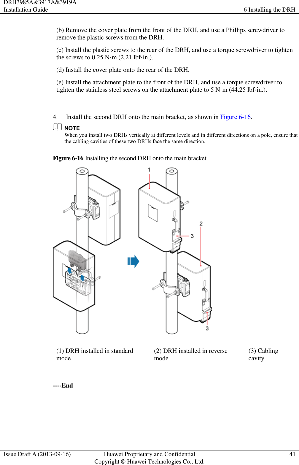 DRH3985A&amp;3917A&amp;3919A Installation Guide 6 Installing the DRH  Issue Draft A (2013-09-16) Huawei Proprietary and Confidential                                     Copyright © Huawei Technologies Co., Ltd. 41  (b) Remove the cover plate from the front of the DRH, and use a Phillips screwdriver to remove the plastic screws from the DRH. (c) Install the plastic screws to the rear of the DRH, and use a torque screwdriver to tighten the screws to 0.25 N·m (2.21 lbf·in.). (d) Install the cover plate onto the rear of the DRH. (e) Install the attachment plate to the front of the DRH, and use a torque screwdriver to tighten the stainless steel screws on the attachment plate to 5 N·m (44.25 lbf·in.).  4. Install the second DRH onto the main bracket, as shown in Figure 6-16.  When you install two DRHs vertically at different levels and in different directions on a pole, ensure that the cabling cavities of these two DRHs face the same direction. Figure 6-16 Installing the second DRH onto the main bracket  (1) DRH installed in standard mode (2) DRH installed in reverse mode (3) Cabling cavity  ----End 