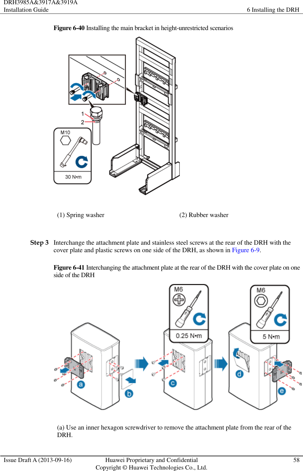 DRH3985A&amp;3917A&amp;3919A Installation Guide 6 Installing the DRH  Issue Draft A (2013-09-16) Huawei Proprietary and Confidential                                     Copyright © Huawei Technologies Co., Ltd. 58  Figure 6-40 Installing the main bracket in height-unrestricted scenarios  (1) Spring washer (2) Rubber washer  Step 3 Interchange the attachment plate and stainless steel screws at the rear of the DRH with the cover plate and plastic screws on one side of the DRH, as shown in Figure 6-9. Figure 6-41 Interchanging the attachment plate at the rear of the DRH with the cover plate on one side of the DRH  (a) Use an inner hexagon screwdriver to remove the attachment plate from the rear of the DRH. 