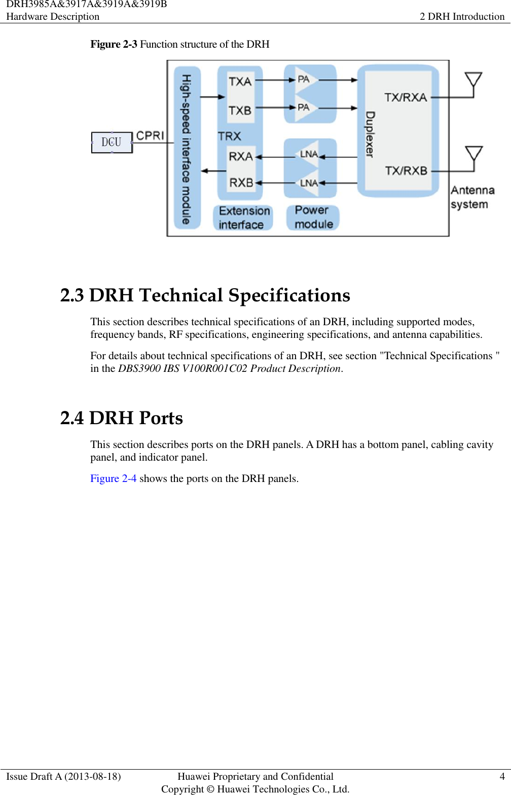 DRH3985A&amp;3917A&amp;3919A&amp;3919B Hardware Description 2 DRH Introduction  Issue Draft A (2013-08-18) Huawei Proprietary and Confidential                                     Copyright © Huawei Technologies Co., Ltd. 4  Figure 2-3 Function structure of the DRH  2.3 DRH Technical Specifications This section describes technical specifications of an DRH, including supported modes, frequency bands, RF specifications, engineering specifications, and antenna capabilities. For details about technical specifications of an DRH, see section &quot;Technical Specifications &quot; in the DBS3900 IBS V100R001C02 Product Description. 2.4 DRH Ports This section describes ports on the DRH panels. A DRH has a bottom panel, cabling cavity panel, and indicator panel. Figure 2-4 shows the ports on the DRH panels. 