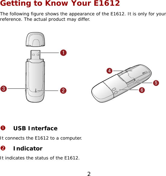 Getting to Know Your E1612 The following figure shows the appearance of the E1612. It is only for your reference. The actual product may differ.  123           654   n USB Interface It connects the E1612 to a computer. o Indicator It indicates the status of the E1612. 2 