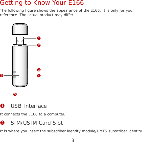 3 Getting to Know Your E166 The following figure shows the appearance of the E166. It is only for your reference. The actual product may differ. 134526 n USB Interface It connects the E166 to a computer. o SIM/USIM Card Slot It is where you insert the subscriber identity module/UMTS subscriber identity 