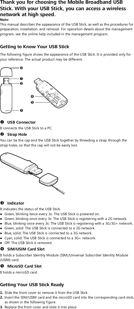 Thank you for choosing the Mobile Broadband USB Stick. With your USB Stick, you can access a wireless network at high speed. Note: This manual describes the appearance of the USB Stick, as well as the procedures for preparation, installation, and removal. For operation details about the management program, see the online help included in the management program.  Getting to Know Your USB Stick The following figure shows the appearance of the USB Stick. It is provided only for your reference. The actual product may be different.  212345   USB Connector It connects the USB Stick to a PC.  Strap Hole You can tie the cap and the USB Stick together by threading a strap through the strap holes, so that the cap will not be easily lost.     Indicator It indicates the status of the USB Stick.  Green, blinking twice every 3s: The USB Stick is powered on.  Green, blinking once every 3s: The USB Stick is registering with a 2G network.  Blue, blinking once every 3s: The USB Stick is registering with a 3G/3G+ network.  Green, solid: The USB Stick is connected to a 2G network.  Blue, solid: The USB Stick is connected to a 3G network.  Cyan, solid: The USB Stick is connected to a 3G+ network.  Off: The USB Stick is removed.  SIM/USIM Card Slot It holds a Subscriber Identity Module (SIM)/Universal Subscriber Identity Module (USIM) card.  MicroSD Card Slot It holds a microSD card.    Getting Your USB Stick Ready 1.  Slide the front cover to remove it from the USB Stick.   2.  Insert the SIM/USIM card and the microSD card into the corresponding card slots, as shown in the following figure.   3.  Replace the front cover and slide it into place.   