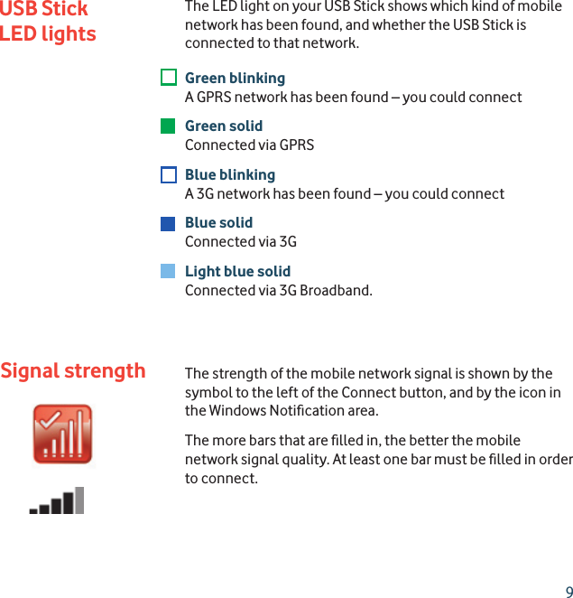 9Signal strengthThe LED light on your USB Stick shows which kind of mobile network has been found, and whether the USB Stick is connected to that network.Green blinkingA GPRS network has been found – you could connectGreen solidConnected via GPRS Blue blinkingA 3G network has been found – you could connectBlue solidConnected via 3GLight blue solidConnected via 3G Broadband.The strength of the mobile network signal is shown by the symbol to the left of the Connect button, and by the icon in the Windows Notiﬁ cation area. The more bars that are ﬁ lled in, the better the mobile network signal quality. At least one bar must be ﬁ lled in order to connect.USB Stick LED lights