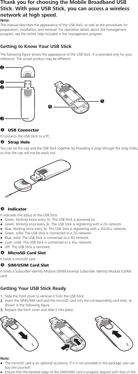 Thank you for choosing the Mobile Broadband USB Stick. With your USB Stick, you can access a wireless network at high speed. Note: This manual describes the appearance of the USB Stick, as well as the procedures for preparation, installation, and removal. For operation details about the management program, see the online help included in the management program.  Getting to Know Your USB Stick The following figure shows the appearance of the USB Stick. It is provided only for your reference. The actual product may be different.  USB Connector It connects the USB Stick to a PC.  Strap Hole You can tie the cap and the USB Stick together by threading a strap through the strap holes, so that the cap will not be easily lost.  Indicator It indicates the status of the USB Stick.  Green, blinking twice every 3s: The USB Stick is powered on.  Green, blinking once every 3s: The USB Stick is registering with a 2G network.  Blue, blinking once every 3s: The USB Stick is registering with a 3G/3G+ network.  Green, solid: The USB Stick is connected to a 2G network.  Blue, solid: The USB Stick is connected to a 3G network.  Cyan, solid: The USB Stick is connected to a 3G+ network.  Off: The USB Stick is removed.  MicroSD Card Slot It holds a microSD card.  SIM/USIM Card Slot It holds a Subscriber Identity Module (SIM)/Universal Subscriber Identity Module (USIM) card.  Getting Your USB Stick Ready 1.  Slide the front cover to remove it from the USB Stick.   2.  Insert the SIM/USIM card and the microSD card into the corresponding card slots, as shown in the following figure.   3.  Replace the front cover and slide it into place. Note:    The microSD card is an optional accessory. If it is not provided in the package, you can buy one yourself.  Ensure that the beveled edge of the SIM/USIM card is properly aligned with that of the 123245
