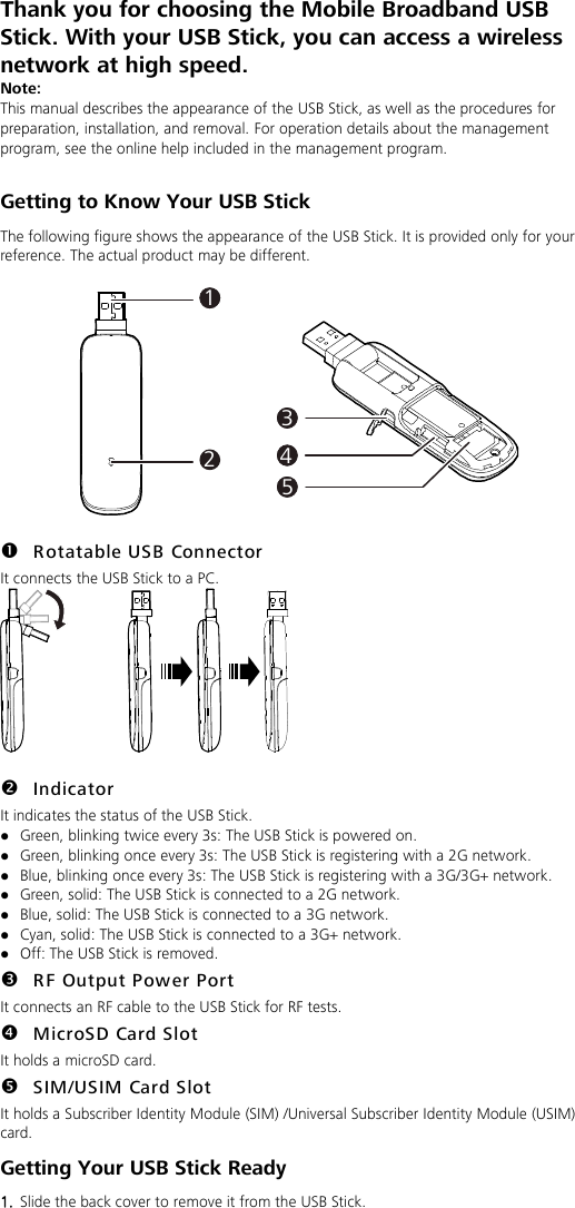 Thank you for choosing the Mobile Broadband USB Stick. With your USB Stick, you can access a wireless network at high speed. Note: This manual describes the appearance of the USB Stick, as well as the procedures for preparation, installation, and removal. For operation details about the management program, see the online help included in the management program.  Getting to Know Your USB Stick The following figure shows the appearance of the USB Stick. It is provided only for your reference. The actual product may be different.  112131415   Rotatable USB Connector It connects the USB Stick to a PC.    Indicator It indicates the status of the USB Stick.  Green, blinking twice every 3s: The USB Stick is powered on.  Green, blinking once every 3s: The USB Stick is registering with a 2G network.  Blue, blinking once every 3s: The USB Stick is registering with a 3G/3G+ network.  Green, solid: The USB Stick is connected to a 2G network.  Blue, solid: The USB Stick is connected to a 3G network.  Cyan, solid: The USB Stick is connected to a 3G+ network.  Off: The USB Stick is removed.  RF Output Pow er Port It connects an RF cable to the USB Stick for RF tests.  MicroSD Card Slot It holds a microSD card.    SIM/USIM Card Slot It holds a Subscriber Identity Module (SIM) /Universal Subscriber Identity Module (USIM) card. Getting Your USB Stick Ready 1.  Slide the back cover to remove it from the USB Stick.   