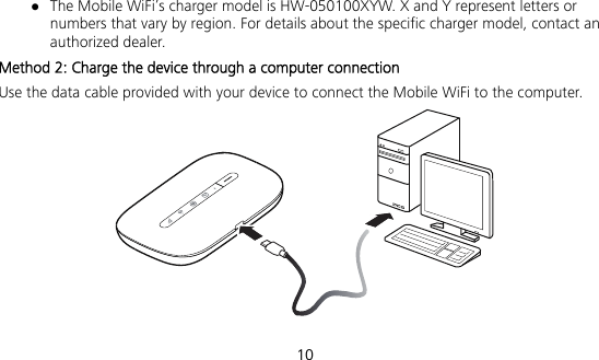  10  The Mobile WiFi’s charger model is HW-050100XYW. X and Y represent letters or numbers that vary by region. For details about the specific charger model, contact an authorized dealer. Method 2: Charge the device through a computer connection Use the data cable provided with your device to connect the Mobile WiFi to the computer.  
