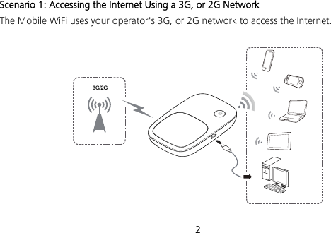  2 Scenario 1: Accessing the Internet Using a 3G, or 2G Network The Mobile WiFi uses your operator&apos;s 3G, or 2G network to access the Internet.  3G/2G  