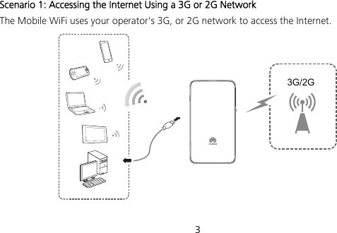  3 Scenario 1: Accessing the Internet Using a 3G or 2G Network The Mobile WiFi uses your operator&apos;s 3G, or 2G network to access the Internet. 3G/2G  