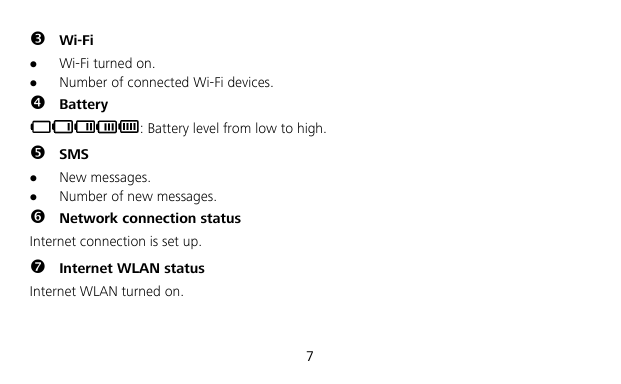  7  Wi-Fi  Wi-Fi turned on.  Number of connected Wi-Fi devices.  Battery : Battery level from low to high.  SMS  New messages.  Number of new messages.  Network connection status Internet connection is set up.  Internet WLAN status Internet WLAN turned on.  