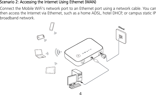  4 Scenario 2: Accessing the Internet Using Ethernet (WAN) Connect the Mobile WiFi&apos;s network port to an Ethernet port using a network cable. You can then access the Internet via Ethernet, such as a home ADSL, hotel DHCP, or campus static IP broadband network. Ethernet 