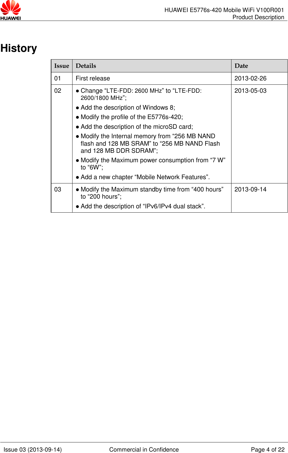      HUAWEI E5776s-420 Mobile WiFi V100R001 Product Description    Issue 03 (2013-09-14) Commercial in Confidence Page 4 of 22  History Issue Details Date 01 First release 2013-02-26 02  Change “LTE-FDD: 2600 MHz” to “LTE-FDD: 2600/1800 MHz”;  Add the description of Windows 8;  Modify the profile of the E5776s-420;  Add the description of the microSD card;  Modify the Internal memory from “256 MB NAND flash and 128 MB SRAM” to “256 MB NAND Flash and 128 MB DDR SDRAM”;  Modify the Maximum power consumption from “7 W” to “6W”;  Add a new chapter “Mobile Network Features”. 2013-05-03 03  Modify the Maximum standby time from “400 hours” to “200 hours”;  Add the description of “IPv6/IPv4 dual stack”. 2013-09-14 