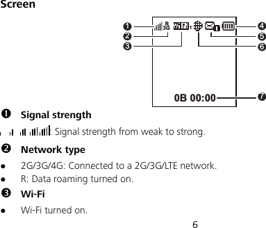  6 Screen 3GR10B 00:001234576  Signal strength : Signal strength from weak to strong.  Network type  2G/3G/4G: Connected to a 2G/3G/LTE network.  R: Data roaming turned on.  Wi-Fi  Wi-Fi turned on. 