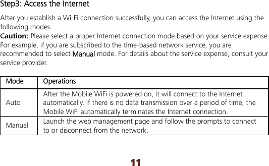 11 Step3: Access the Internet After you establish a Wi-Fi connection successfully, you can access the Internet using the following modes. Caution: Please select a proper Internet connection mode based on your service expense. For example, if you are subscribed to the time-based network service, you are recommended to select Manual mode. For details about the service expense, consult your service provider.  Mode Operations Auto After the Mobile WiFi is powered on, it will connect to the Internet automatically. If there is no data transmission over a period of time, the Mobile WiFi automatically terminates the Internet connection. Manual Launch the web management page and follow the prompts to connect to or disconnect from the network.   