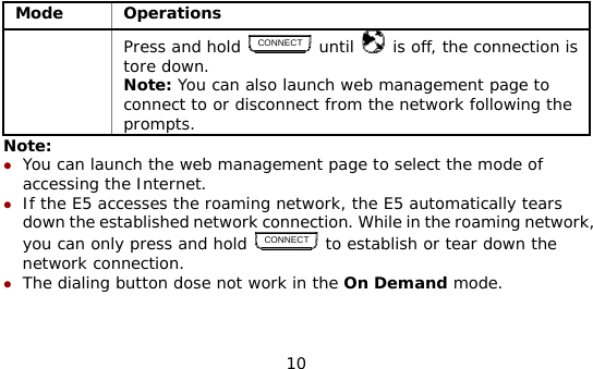  10 Mode Operations Press and hold CONNECT until   is off, the connection is tore down. Note: You can also launch web management page to connect to or disconnect from the network following the prompts.  Note:  z You can launch the web management page to select the mode of accessing the Internet. z If the E5 accesses the roaming network, the E5 automatically tears down the established network connection. While in the roaming network, you can only press and hold CONNECT to establish or tear down the network connection.  z The dialing button dose not work in the On Demand mode.