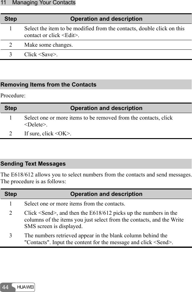 11  Managing Your Contacts HUA WEI  44 Step  Operation and description 1  Select the item to be modified from the contacts, double click on this contact or click &lt;Edit&gt;. 2  Make some changes. 3 Click &lt;Save&gt;.  Removing Items from the Contacts Procedure: Step  Operation and description 1  Select one or more items to be removed from the contacts, click &lt;Delete&gt;. 2  If sure, click &lt;OK&gt;.  Sending Text Messages The E618/612 allows you to select numbers from the contacts and send messages. The procedure is as follows: Step  Operation and description 1  Select one or more items from the contacts. 2  Click &lt;Send&gt;, and then the E618/612 picks up the numbers in the columns of the items you just select from the contacts, and the Write SMS screen is displayed. 3  The numbers retrieved appear in the blank column behind the &quot;Contacts&quot;. Input the content for the message and click &lt;Send&gt;.  