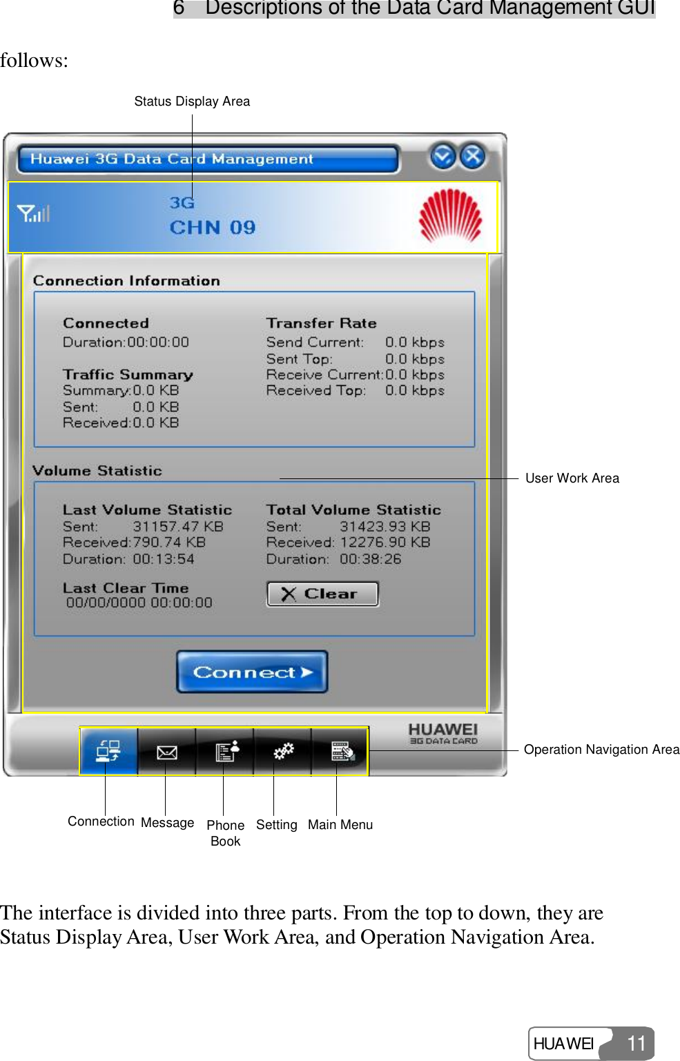 6  Descriptions of the Data Card Management GUI HUAWEI  11 follows: Connection PhoneBookMessage SettingMain MenuOperation Navigation AreaStatus Display AreaUser Work Area  The interface is divided into three parts. From the top to down, they are Status Display Area, User Work Area, and Operation Navigation Area. 