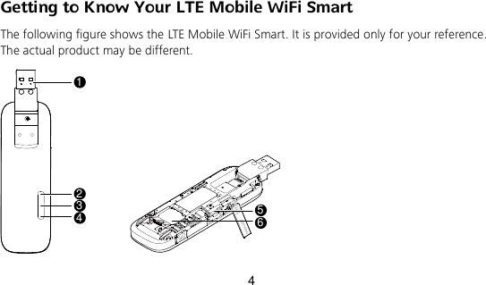 4 Getting to Know Your LTE Mobile WiFi Smart The following figure shows the LTE Mobile WiFi Smart. It is provided only for your reference. The actual product may be different. 156234  