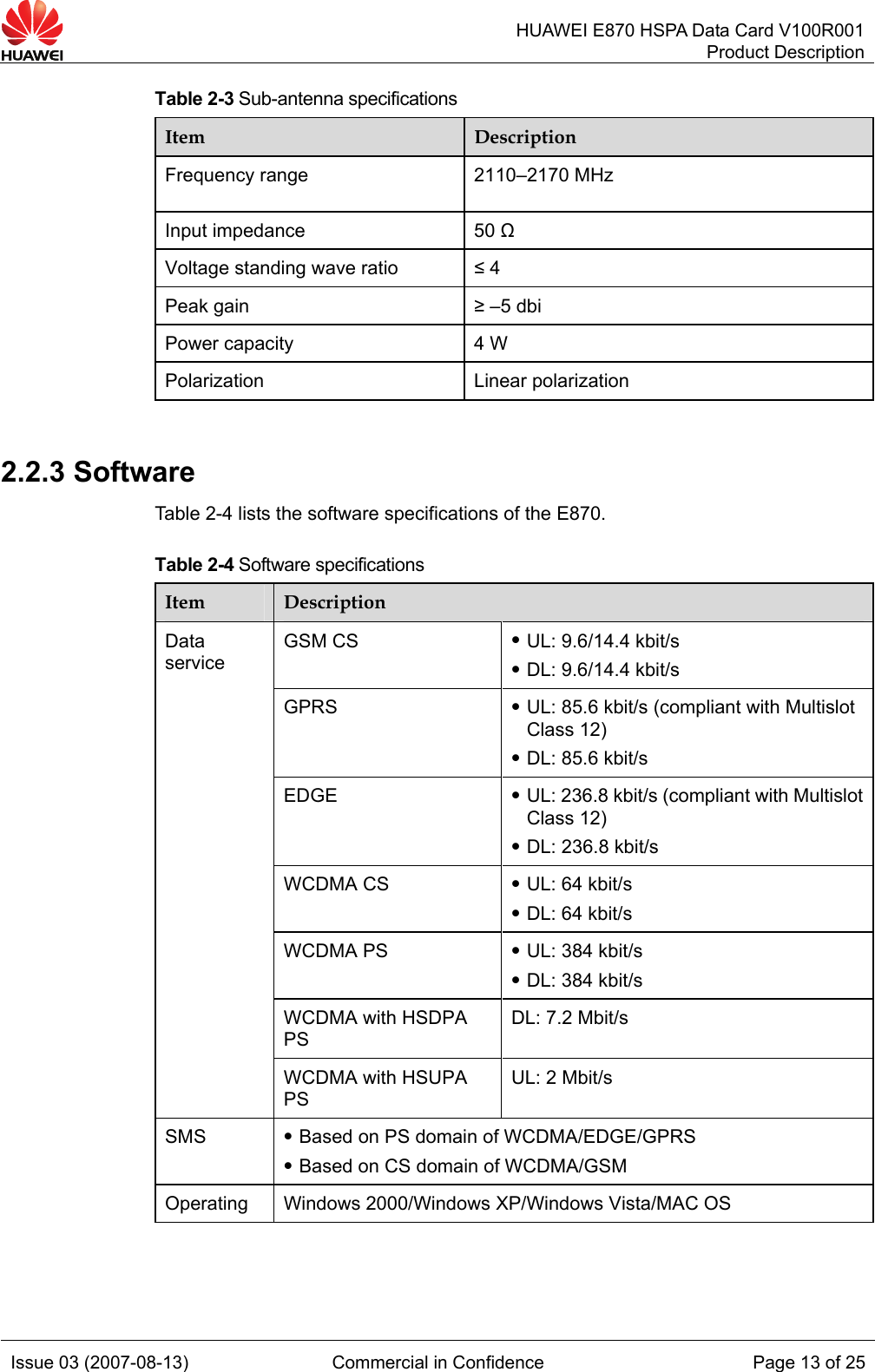   HUAWEI E870 HSPA Data Card V100R001Product Description Issue 03 (2007-08-13)  Commercial in Confidence  Page 13 of 25 Table 2-3 Sub-antenna specifications Item  Description Frequency range  2110–2170 MHz Input impedance  50 Ω Voltage standing wave ratio  ≤ 4 Peak gain  ≥ –5 dbi Power capacity  4 W Polarization Linear polarization  2.2.3 Software Table 2-4 lists the software specifications of the E870. Table 2-4 Software specifications Item  Description GSM CS  z UL: 9.6/14.4 kbit/s z DL: 9.6/14.4 kbit/s GPRS  z UL: 85.6 kbit/s (compliant with Multislot Class 12) z DL: 85.6 kbit/s EDGE  z UL: 236.8 kbit/s (compliant with Multislot Class 12) z DL: 236.8 kbit/s WCDMA CS  z UL: 64 kbit/s z DL: 64 kbit/s WCDMA PS  z UL: 384 kbit/s z DL: 384 kbit/s WCDMA with HSDPA PS DL: 7.2 Mbit/s Data service WCDMA with HSUPA PS UL: 2 Mbit/s SMS  z Based on PS domain of WCDMA/EDGE/GPRS z Based on CS domain of WCDMA/GSM Operating Windows 2000/Windows XP/Windows Vista/MAC OS 